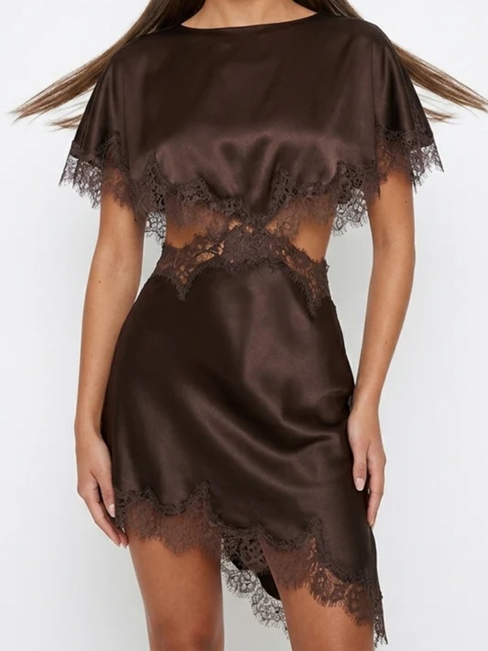 Silky Lace-Trim Slip Dress in Brown